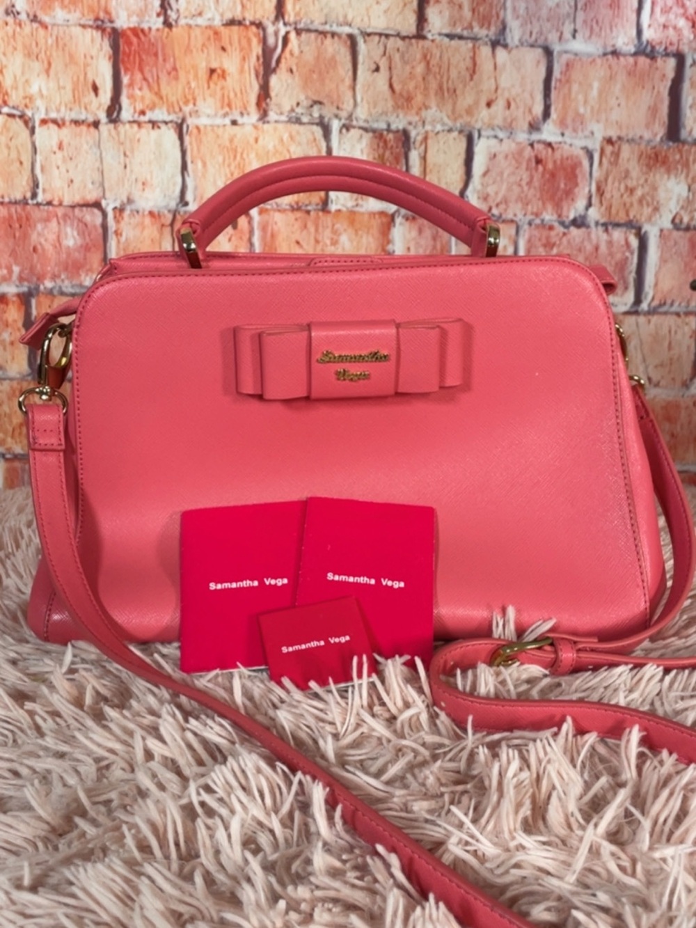 Samantha Vega Coral Pink Top-Handle Satchel with Bow Accent